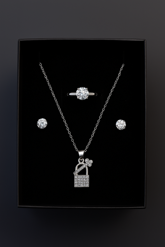 Elegant Silver Jewelry Set – Necklace, Ring & Studs | Gift for Her