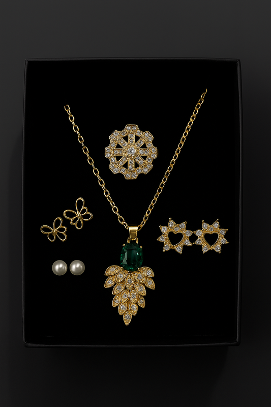 Royal Green Plated Jewelry Set with Green Pendant – Multi-Earring Gift Set