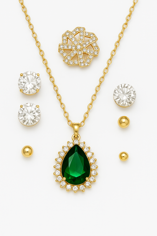 Royal Green Plated Jewelry Set with Green Pendant – Multi-Earring Gift Set