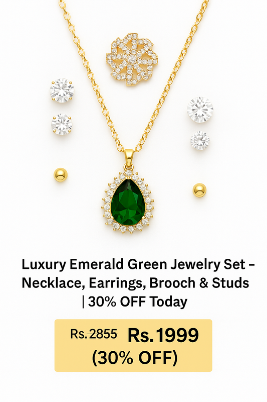 Luxury Emerald Green Jewelry Set – Necklace, Earrings, Brooch & Studs | 30% OFF Today